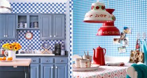 Dicas de decoração para cozinhas coloridas: os detalhes em xadrez azul.